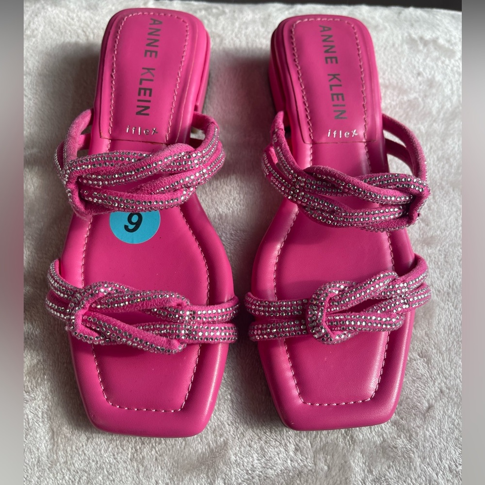 Anne‎ Klein Bright Pink Rhinestone Knotted Slide Sandals